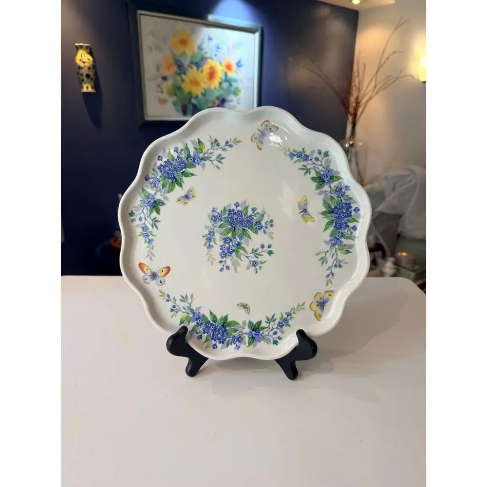 Limoges France Porcelain Scalloped Plate Blue Flowers Butterflies Floral Cabinet